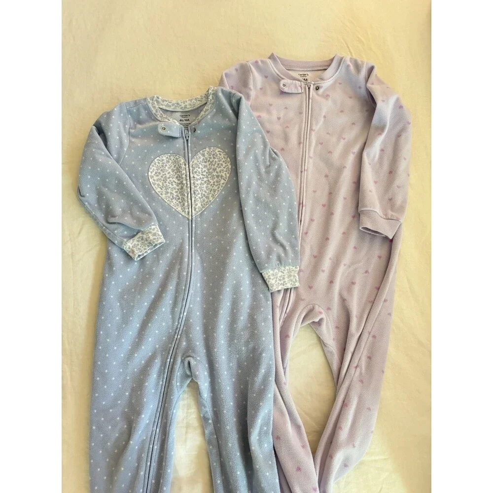 Carter’s Lot Of 2 Pajama PJs Footie Toddler Girls Fleece Full Zip Jammies Sz 4T